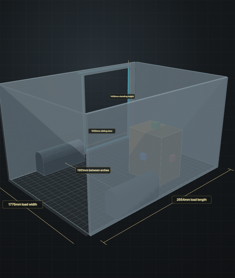 3D campervan interior layout render with furniture boxes